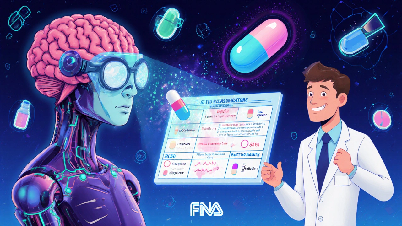 KI-Bildschirm analysiert eine Tablette mit holographischen Daten zur Bioäquivalenz.