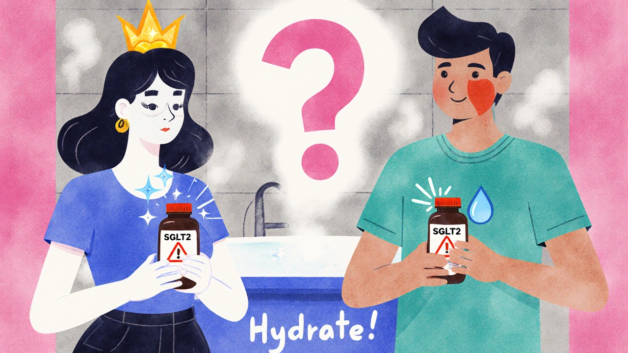 Mann und Frau mit Warnsymbolen über den Genitalien, die SGLT2-Medikamente halten.