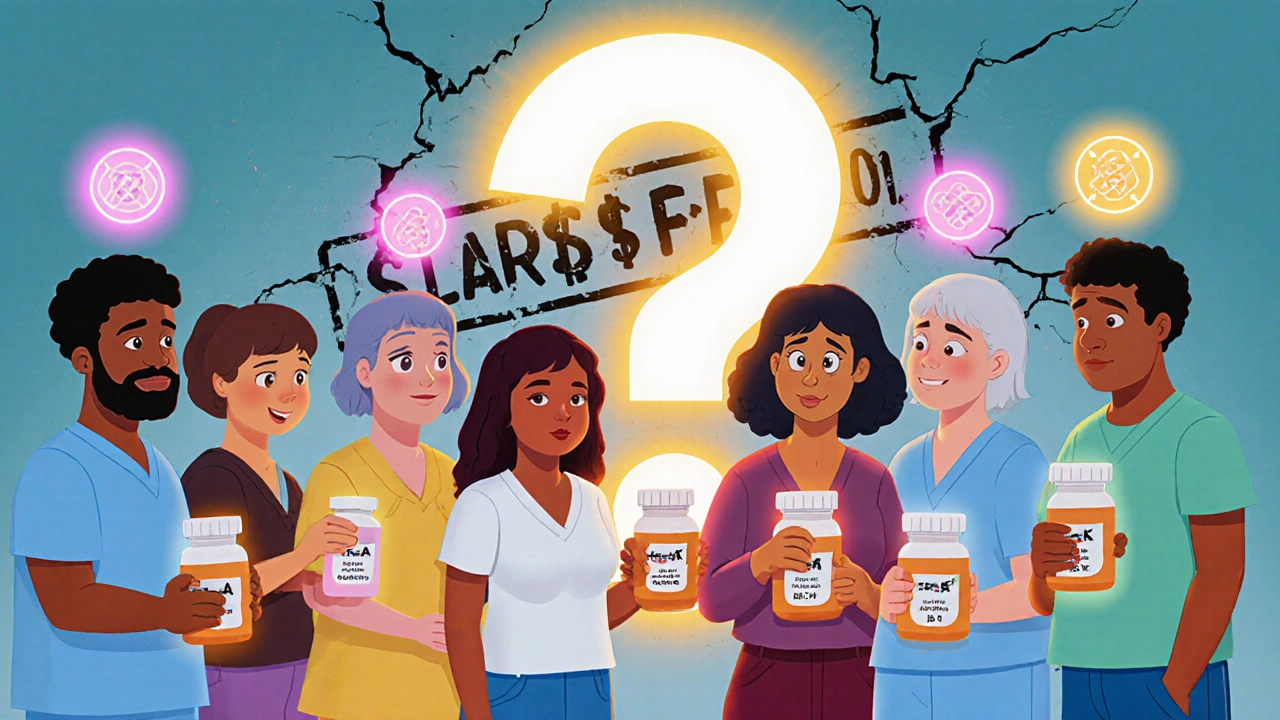 Menschen mit genetischen Markern über dem Kopf, vor einem zerbrechenden &#039;SICHER&#039;-Schild, in Cartoon-Stil.