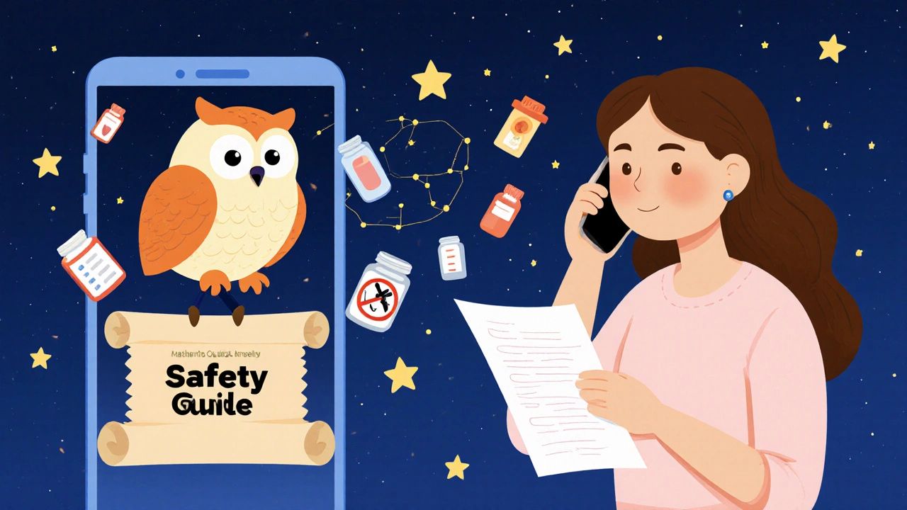 Mutter spricht mit einem freundlichen Experten-Owl von MotherToBaby über sichere Medikamente während der Schwangerschaft.