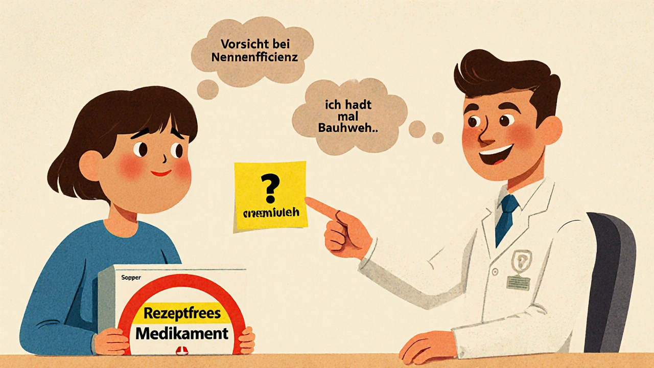 Patient und Apotheker diskutieren Warnhinweis &#039;Nicht anwenden&#039; bei rezeptfreiem Medikament.