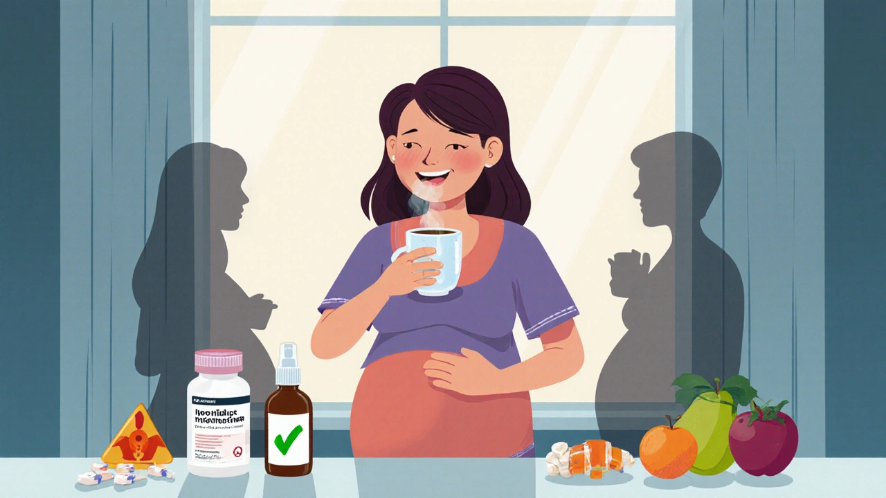 Schwangere Frau verwendet sichere Alternativen wie Salzwasserspray und Acetaminophen, um Beschwerden zu lindern.