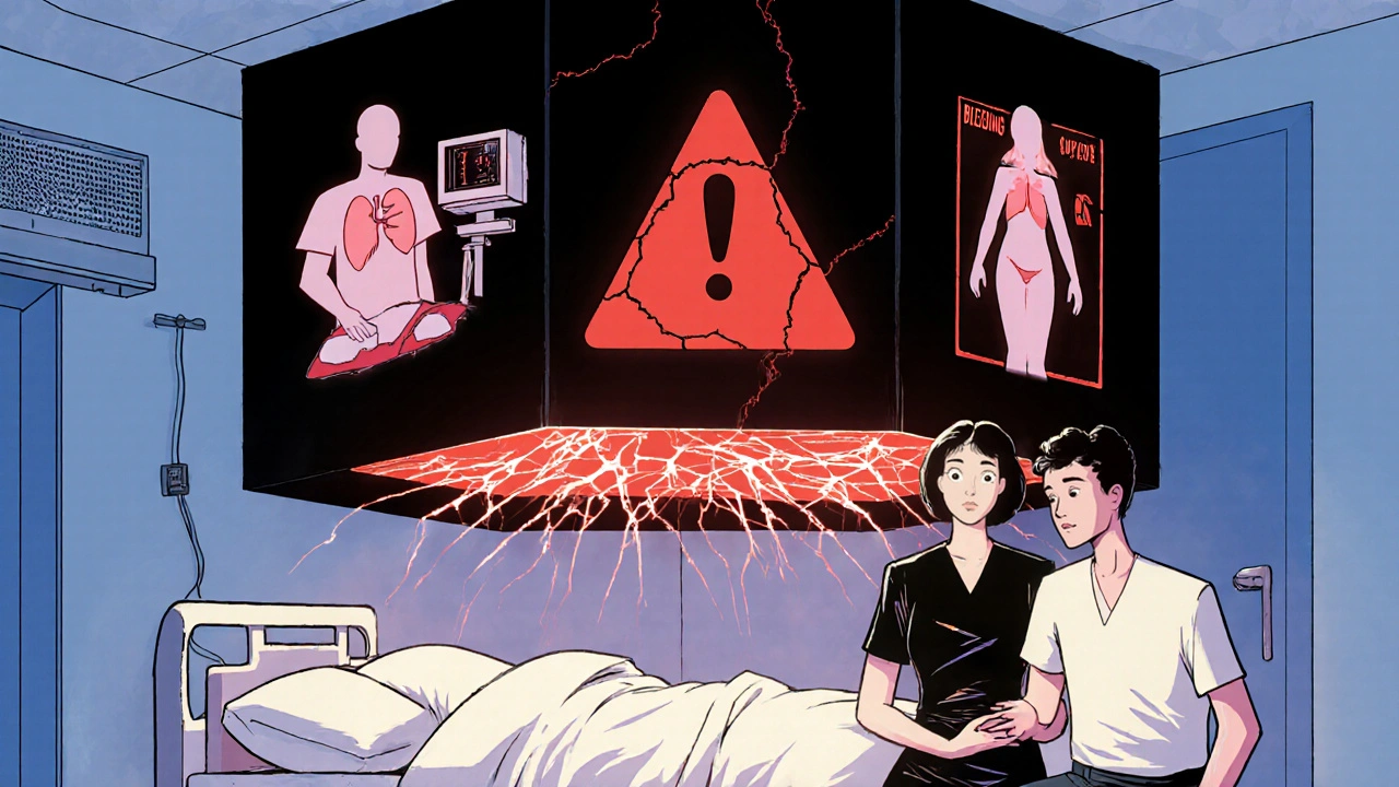 Schwarzer Boxed Warning-Rahmen mit lebensbedrohlichen Risiken über einem Krankenhausbett.