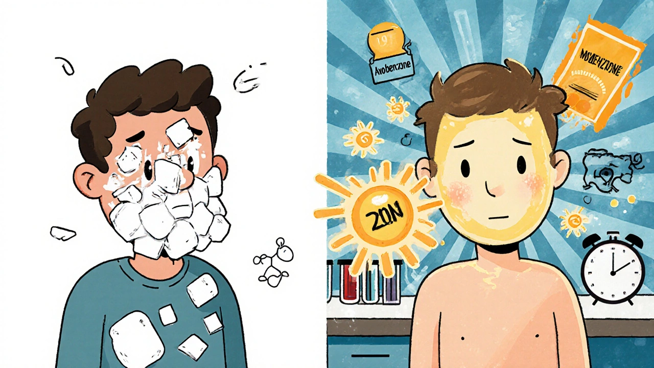 Vergleich: ungleichmäßiger mineralischer Sonnenschutz links, effektiver chemischer Schutz rechts mit sichtbaren Wirkstoffen.