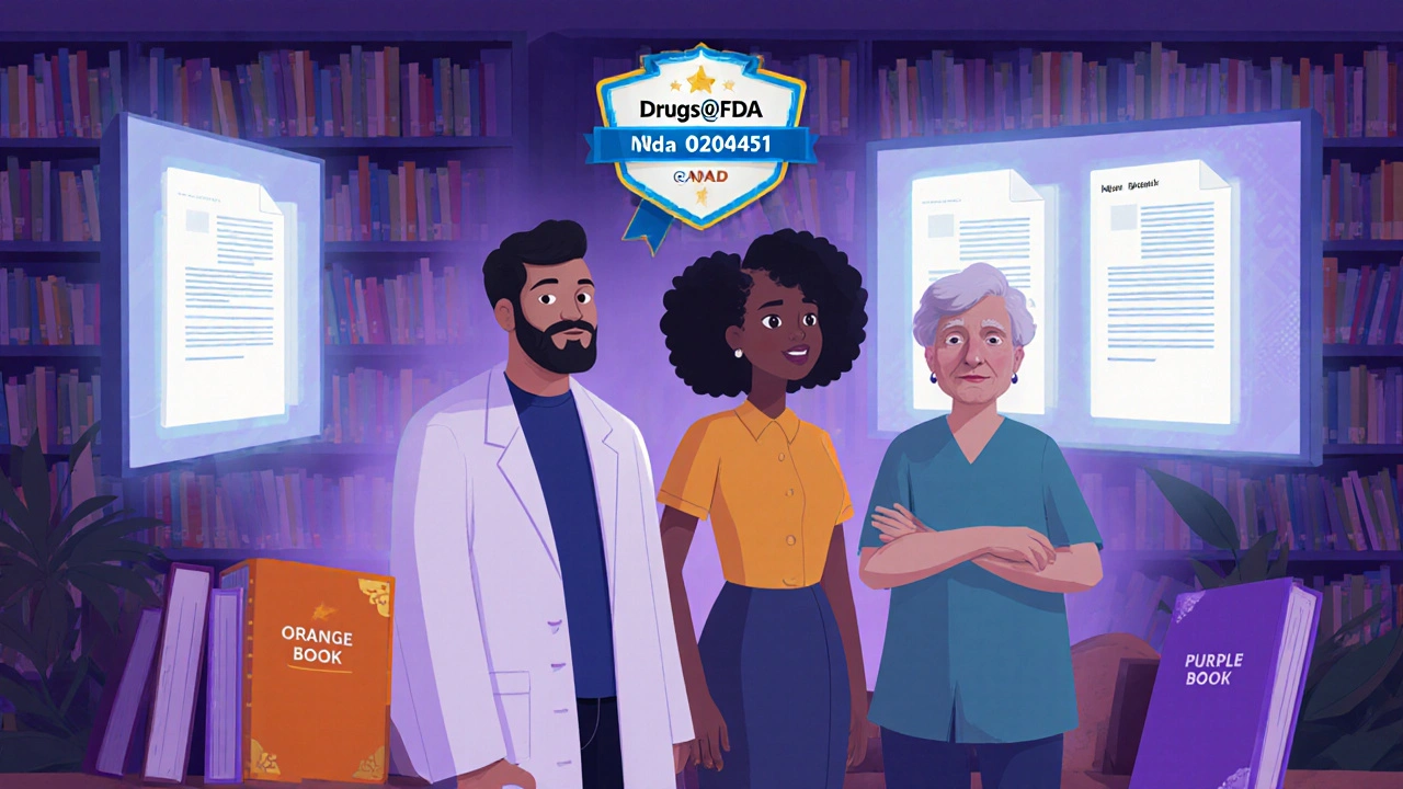 Verschiedene Nutzer untersuchen zugelassene Medikamente an digitalen Anzeigetafeln mit Drugs@FDA-Informationen.