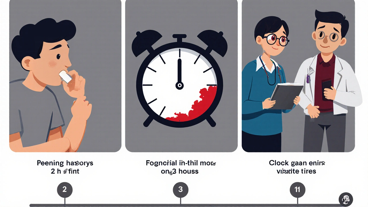 Zeitlinie mit drei Szenen: sofortige Übelkeit, Gewichtszunahme nach drei Wochen und Arztbesuch mit Tagebuch.