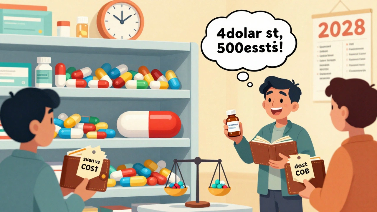 Apothekenregal mit vielen bunten Generika und einer teuren Marke, Patienten mit Einsparungsschildern.