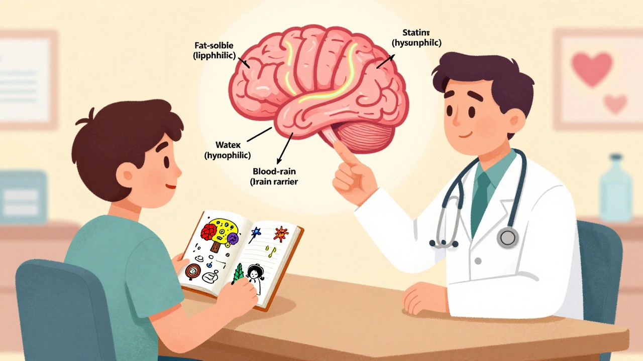 Arzt und Patient besprechen einen Gehirnplan, der zeigt, wie fettlösliche Statine ins Gehirn eindringen.