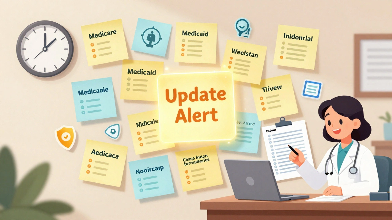 Arztpraxis mit animierten Versicherungssymbolen und einer sich aktualisierenden Formular-Anzeige an der Wand.