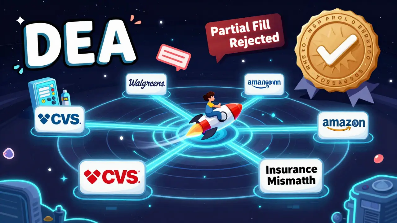 Digitales Netzwerk zwischen Apotheken mit Patienten-Rakete, DEA-Siegel und Fehlermeldungen als Hindernisse.