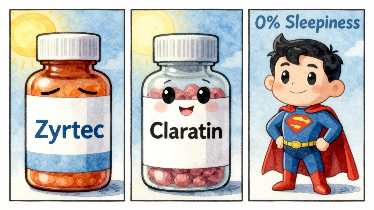 Drei Antihistaminika als Charaktere: Zyrtec schläfrig, Claritin fröhlich, Allegra als Superheld mit Cape.