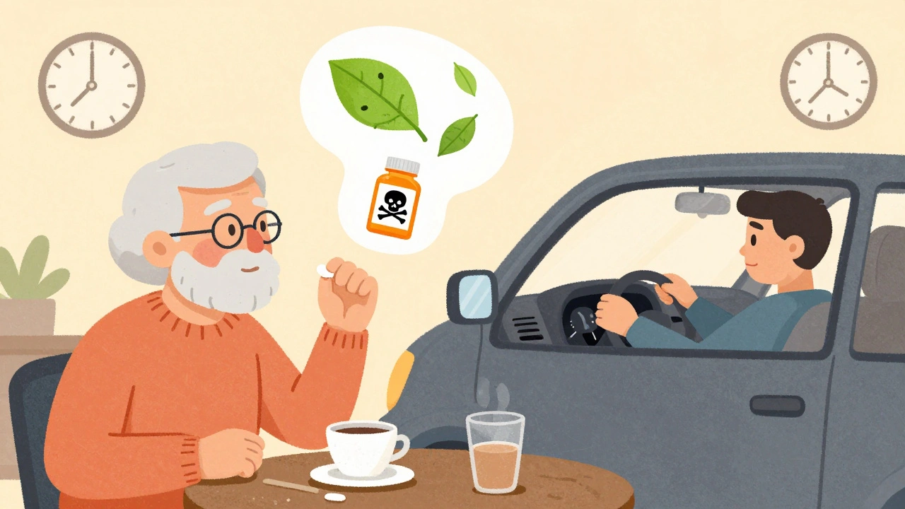 Ein älterer Mensch nimmt Claritin zum Frühstück, während Benadryl als Warnsymbol und Allegra im Auto sichtbar ist.