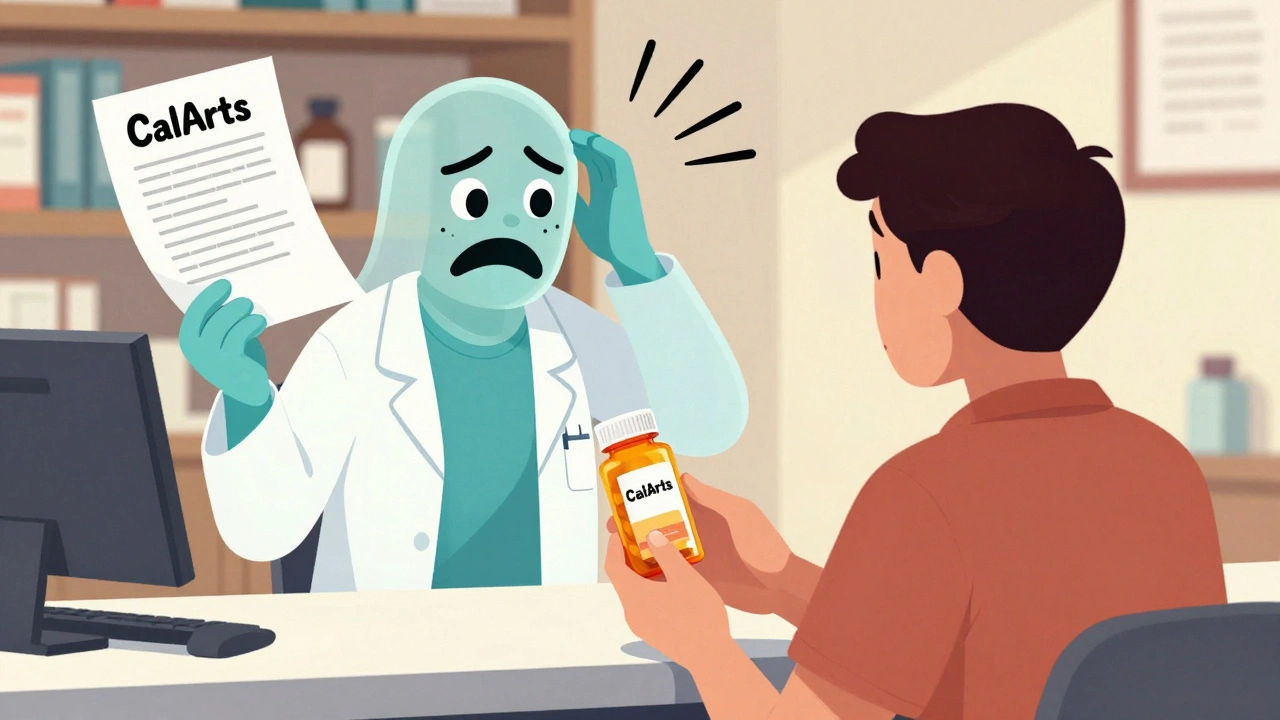 Ein Apotheker reicht ein Generikum an einen Patienten, während ein geisterhafter Markenmedikamenten-Geist unzufrieden schaut und ein Warnzettel schwebt.