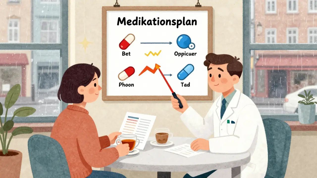 Ein Apotheker und ein Patient besprechen in einem ruhigen Raum einen personalisierten Medikationsplan.