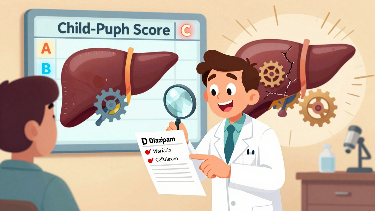 Ein Apotheker zeigt einem Patienten gefährliche Medikamente an einer Liste mit Child-Pugh-Score als Hintergrund.