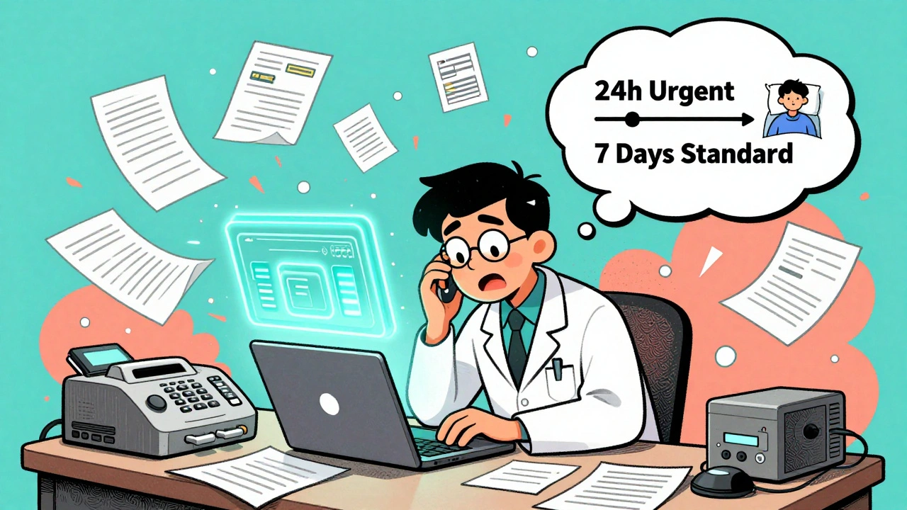 Ein Arzt füllt dringende Genehmigungsformulare an einem überfüllten Schreibtisch mit digitalen und analogen Hilfsmitteln.