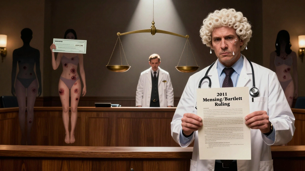 Ein Arzt steht allein vor einem Richter mit Stethoskop, umgeben von geschädigten Patienten und einem riesigen Rechtsdokument, dramatische Beleuchtung.