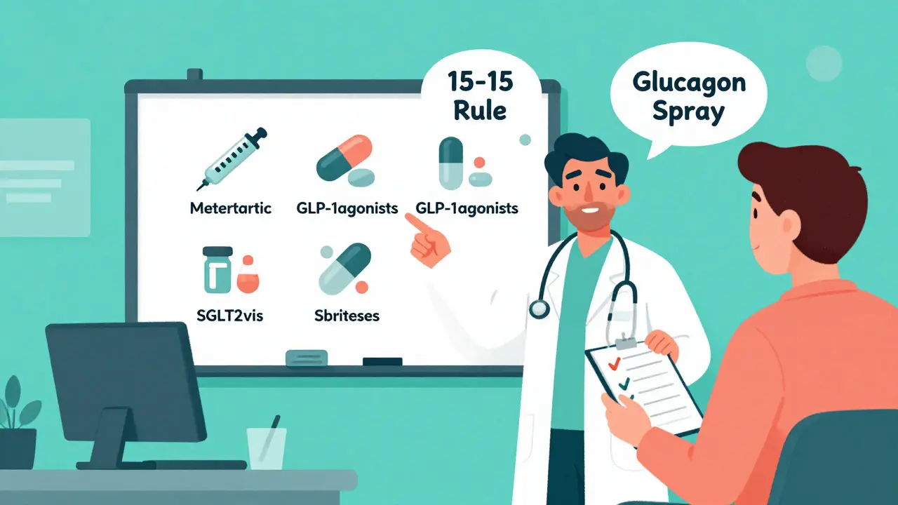 Ein Arzt und Patient besprechen Diabetes-Medikamente an einer Whiteboard-Tafel mit symbolischen Pillen und Spritzen.