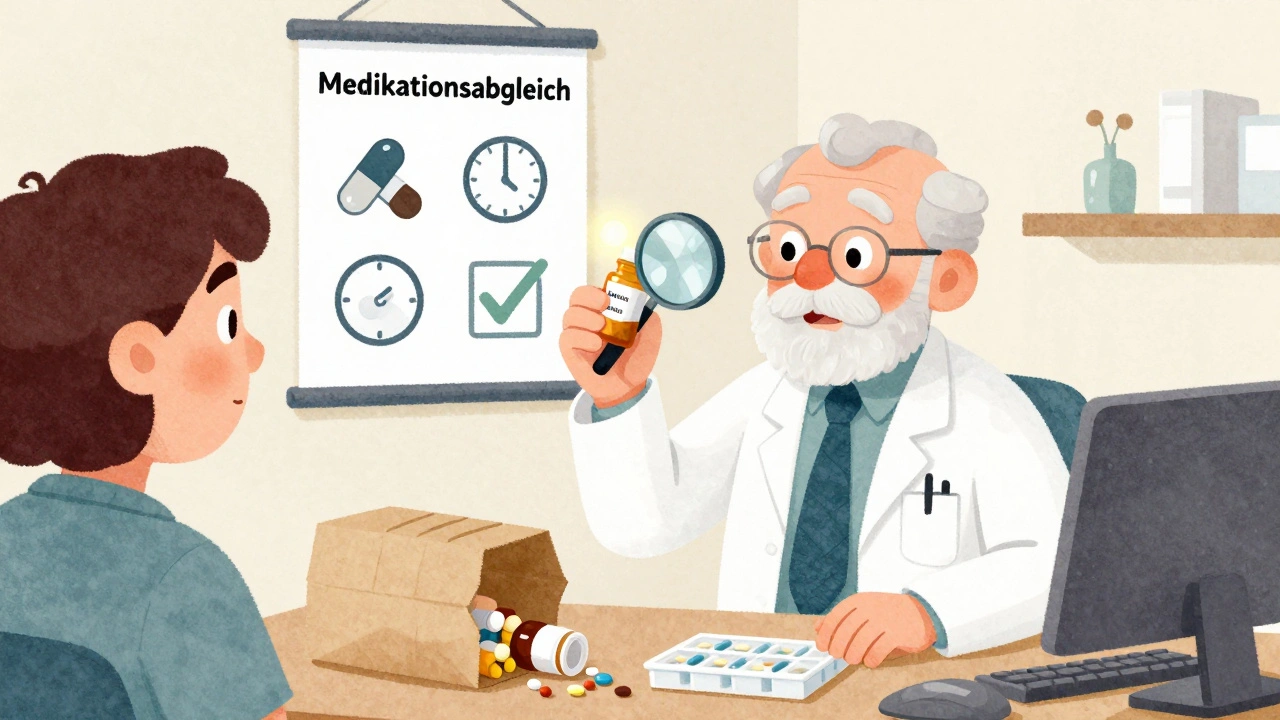 Ein Arzt untersucht eine Pillenflasche mit einer Lupe, während eine braune Tasche mit Medikamenten auf dem Tisch liegt.