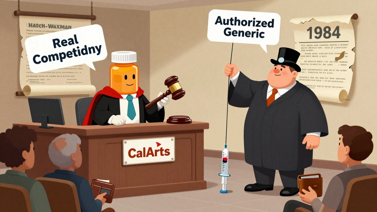 Ein Gerichtssaal, in dem ein Pharmakonzern mit einer Puppe das echte Generikum kontrolliert.