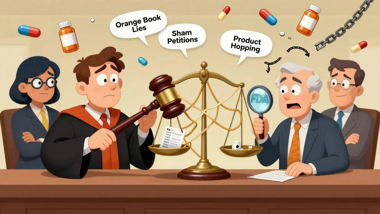 Ein Gerichtssaal mit falschen Patenten, die die Waage der Gerechtigkeit herunterziehen, während die FDA versucht, sie zu entwirren.