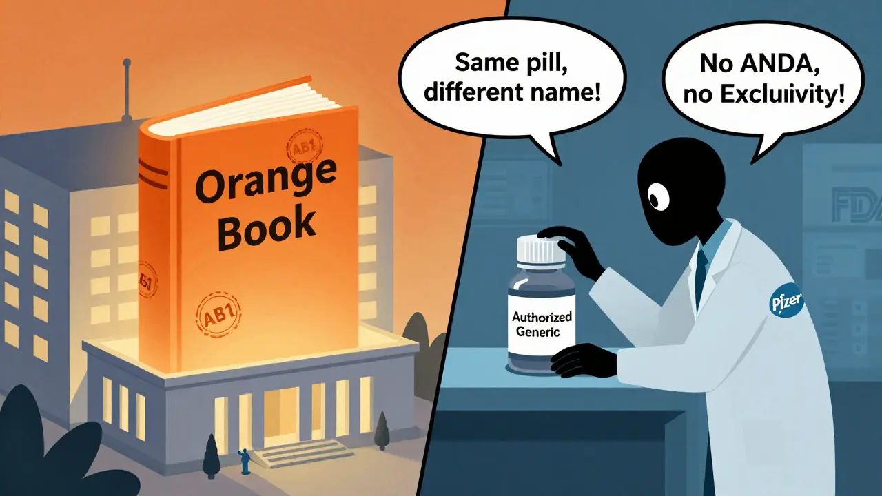 Ein Hersteller stellt ein unmarkiertes Generikum neben das Originalmedikament, während das Orange Book daneben leuchtet.