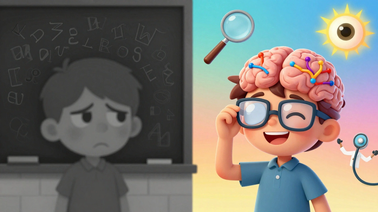 Ein Kind mit Augenklappe und Brille, das von verschwommenem Sehen zu klarem Sehen wechselt, mit leuchtenden Nervenverbindungen im Hintergrund.