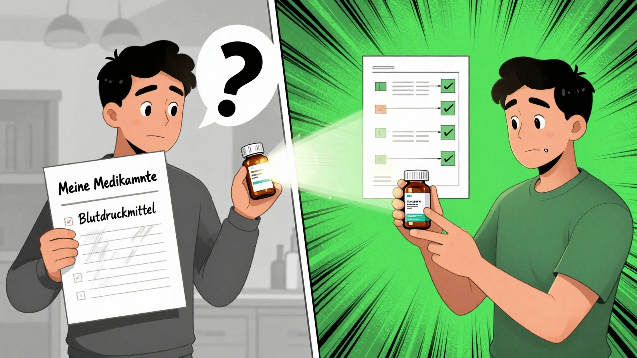 Ein Mann hält eine ungenaue Liste links, rechts die echten Pillenflaschen mit klaren Etiketten – Kontrast zwischen Verwirrung und Klarheit.