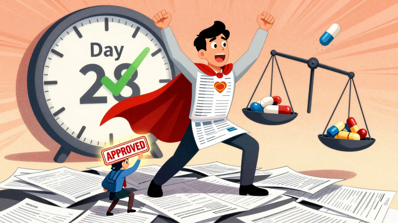 Ein Patient als Held mit medizinischen Unterlagen als Umhang, der eine abgelehnte Genehmigung überwindet.