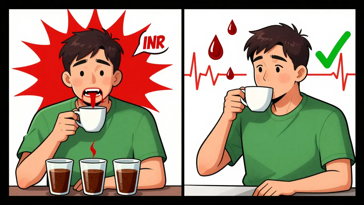 Ein Patient mit blutenden Zähnen nach zu viel Kaffee neben einer sicheren Version mit richtigem Zeitabstand.