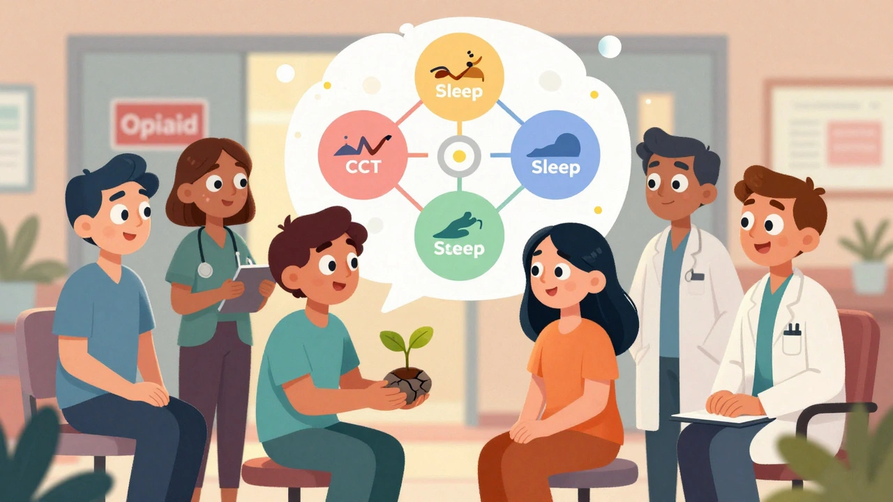 Ein Patient wird von einem multidisziplinären Team aus Therapeuten unterstützt, während Opioid-Symbole verschwinden.