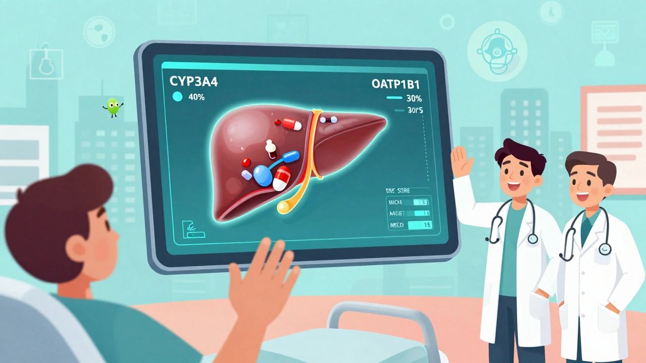 Ein Tablet zeigt ein 3D-Modell der Leber mit Blutfluss und Enzymaktivität, während Arzt und Apotheker danebenstehen.