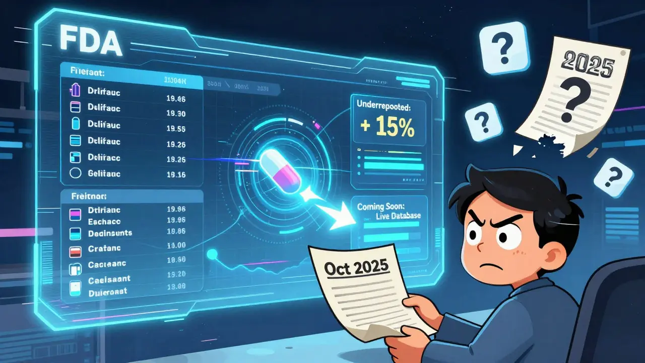 Ein zukünftiger FDA-Dashboard mit holografischen Daten, während ein altes PDF verfällt, mit Hinweisen auf fehlende Informationen.