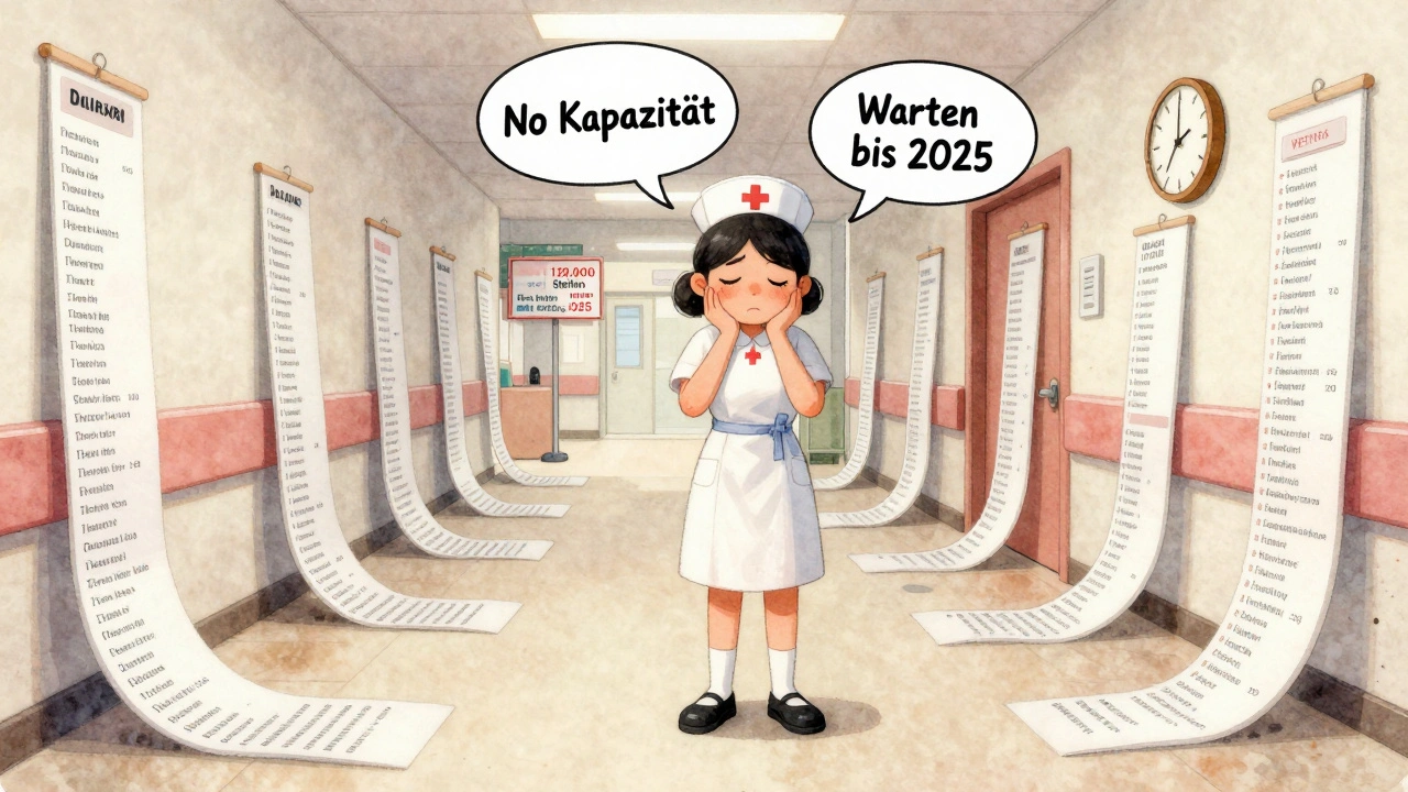 Eine erschöpfte Krankenschwester steht vor langen Wartelisten, über ihr schweben Nachrichten über fehlende Kapazitäten.