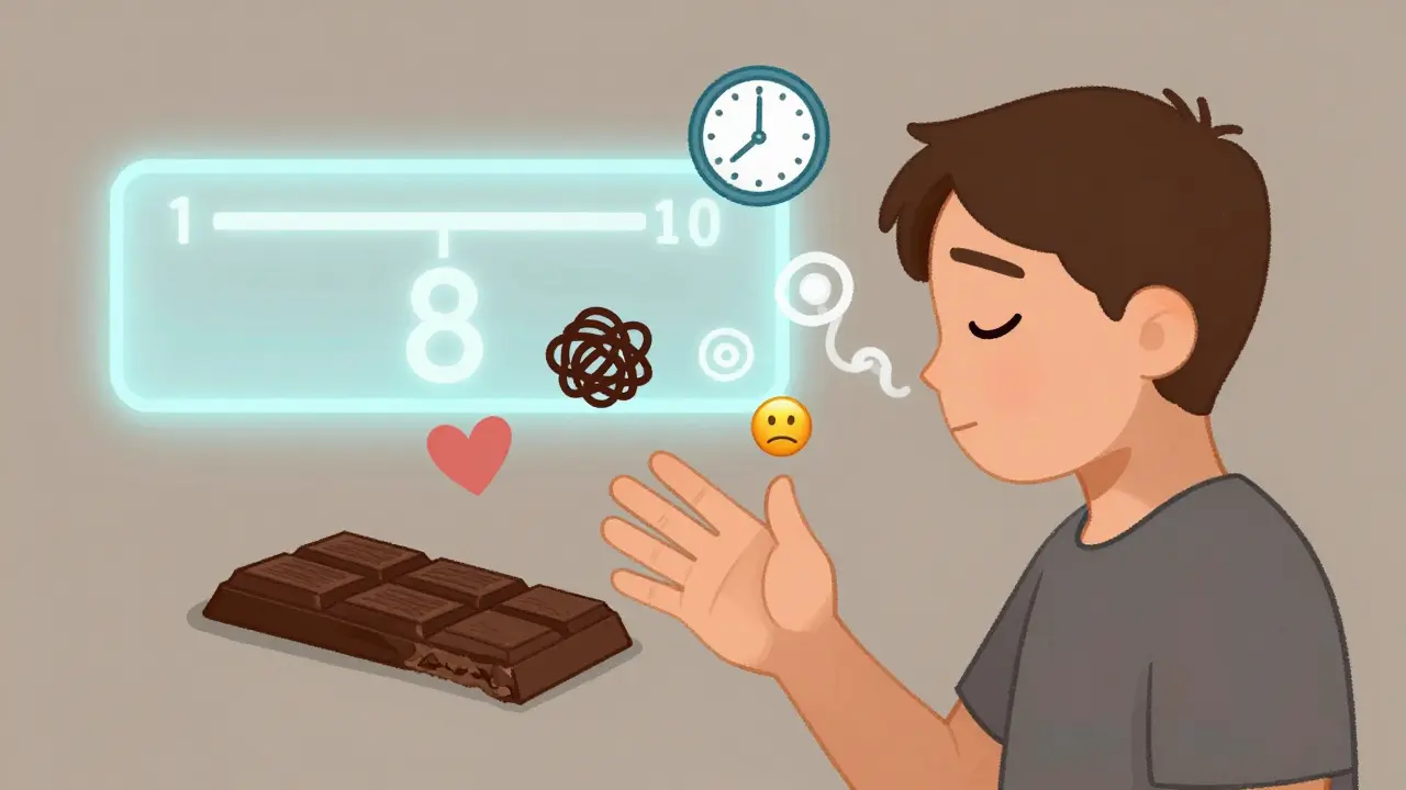 Eine Person hält inne, um Schokolade zu greifen, mit Atemkreisen und Emotions-Symbolen, Hunger-Skala im Hintergrund.