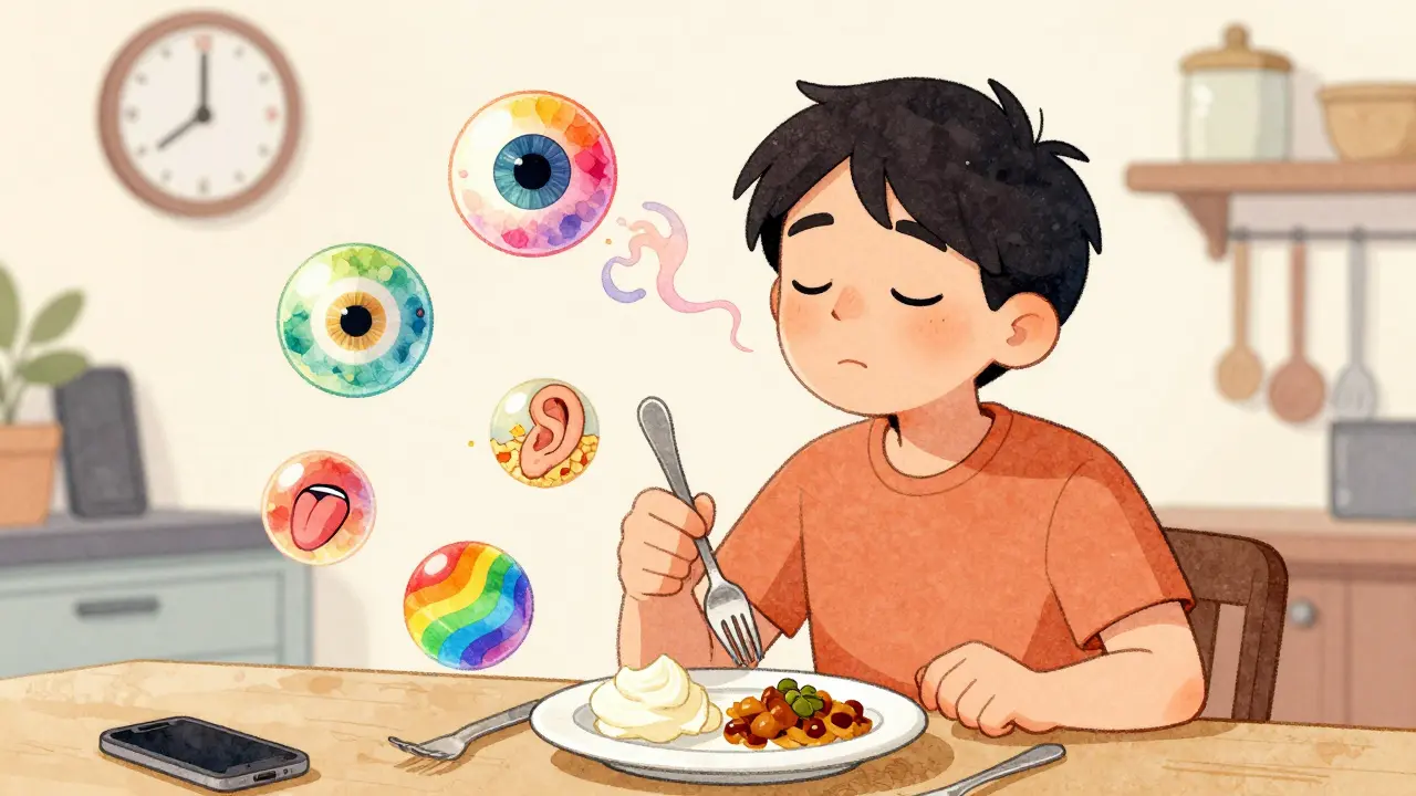 Eine Person isst bewusst, fünf Sinne als schwebende Symbole um den Teller, friedliche Stimmung im Raum.