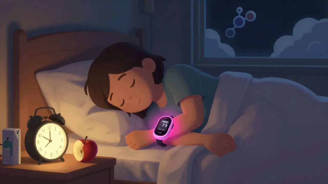 Eine Person schläft im Bett, ein Glukose-Monitor leuchtet pink, ein Wecker zeigt 2:00 Uhr, Apfel und Saft stehen auf dem Nachttisch.