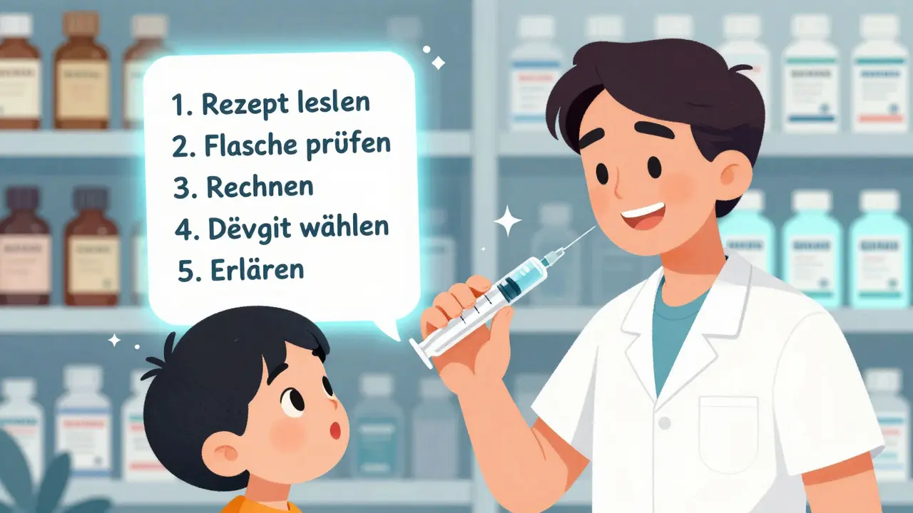 Elternteil gibt Medikament mit Spritze, eine Checkliste schwebt darüber, sicherer Umgang mit Medikamenten.