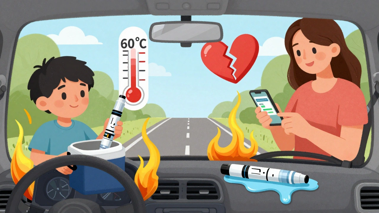 Familie auf Reisen: Insulin sicher in Kühlbox, ein anderes Exemplar schmilzt auf dem Armaturenbrett.