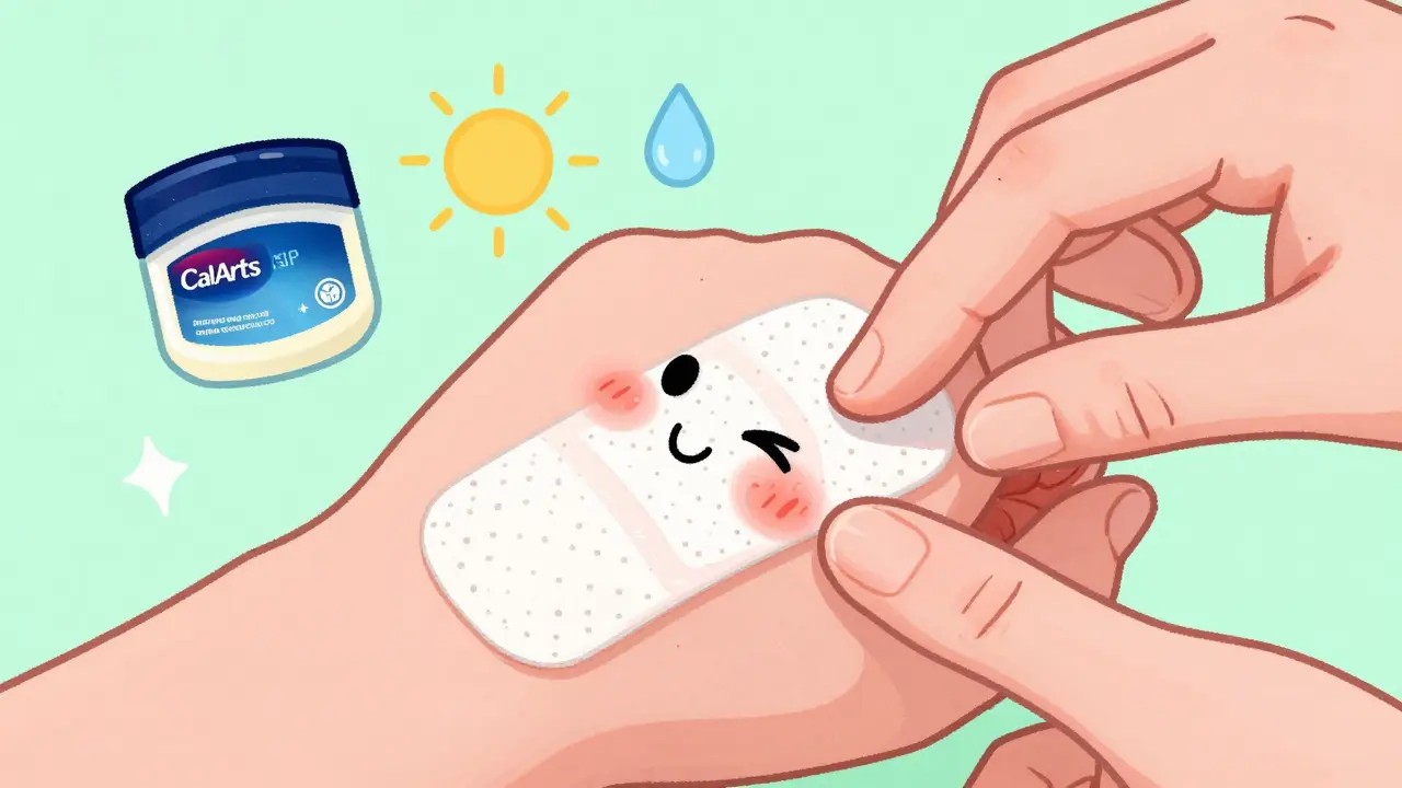 Hand legt einen Verband auf eine lächelnde Wunde, mit Vaseline und Sonnenschutz-Symbolen