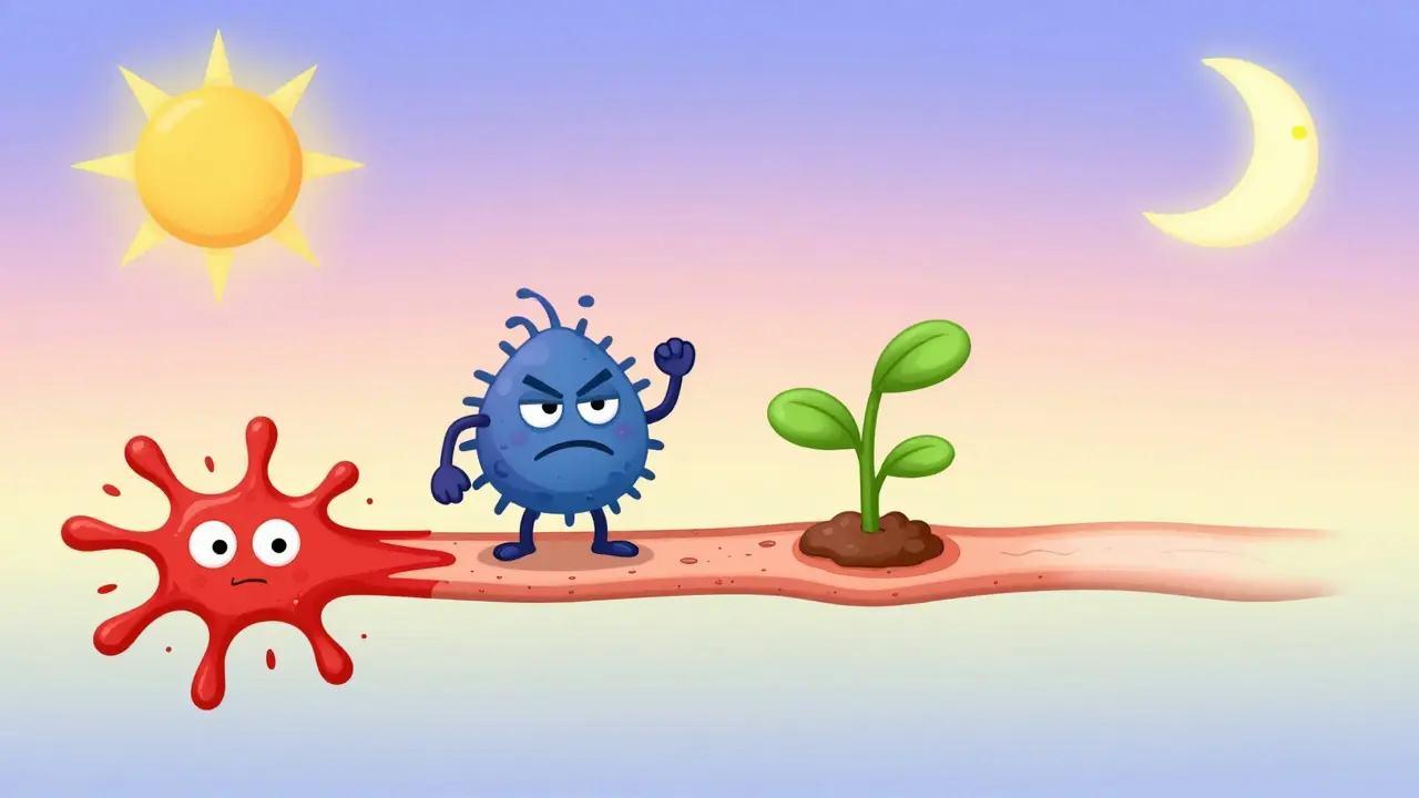 Illustration der vier Heilungsphasen als cartoonhafter Weg mit Symbolen