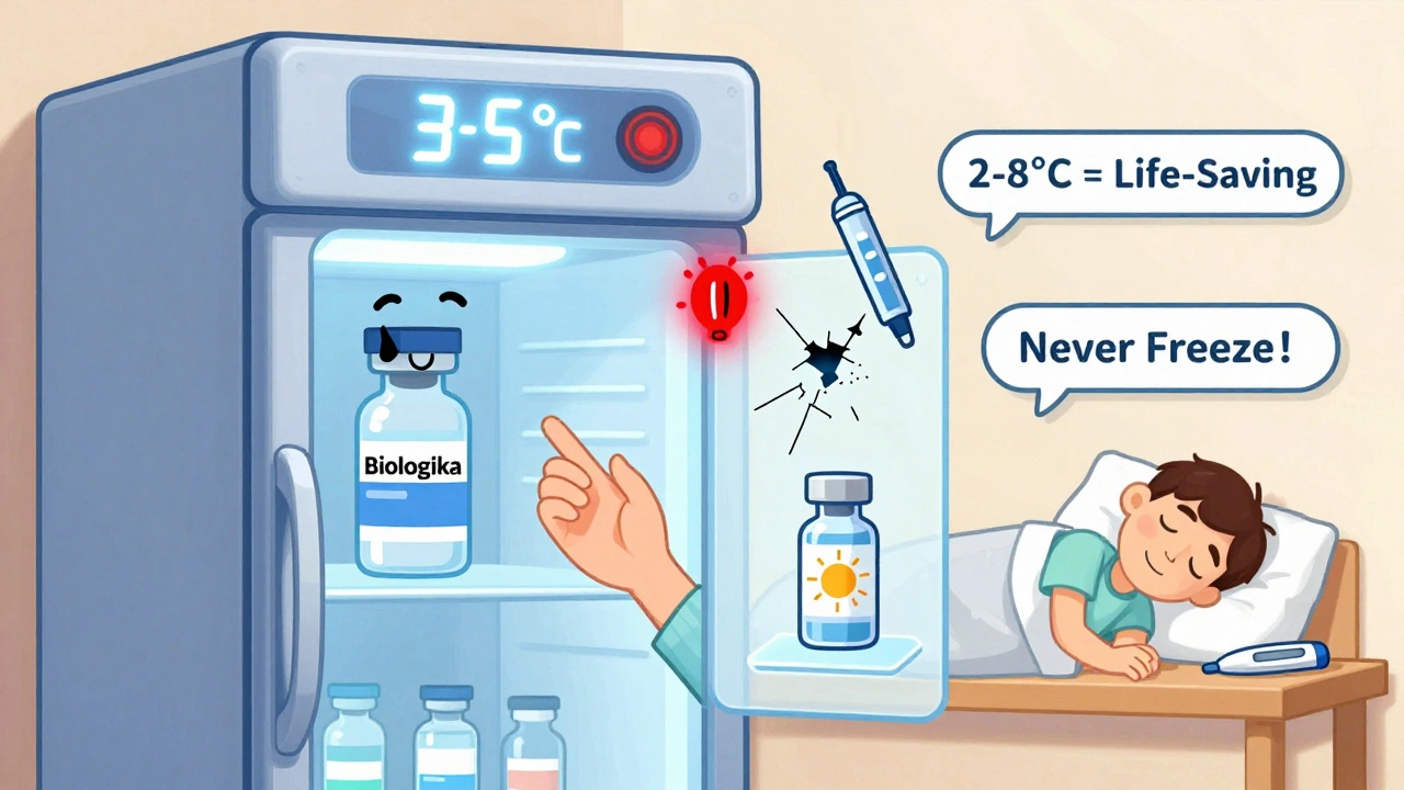 Intelligenter Kühlschrank warnt vor falscher Lagerung, neben gefrorenem und überhitztem Medikament.