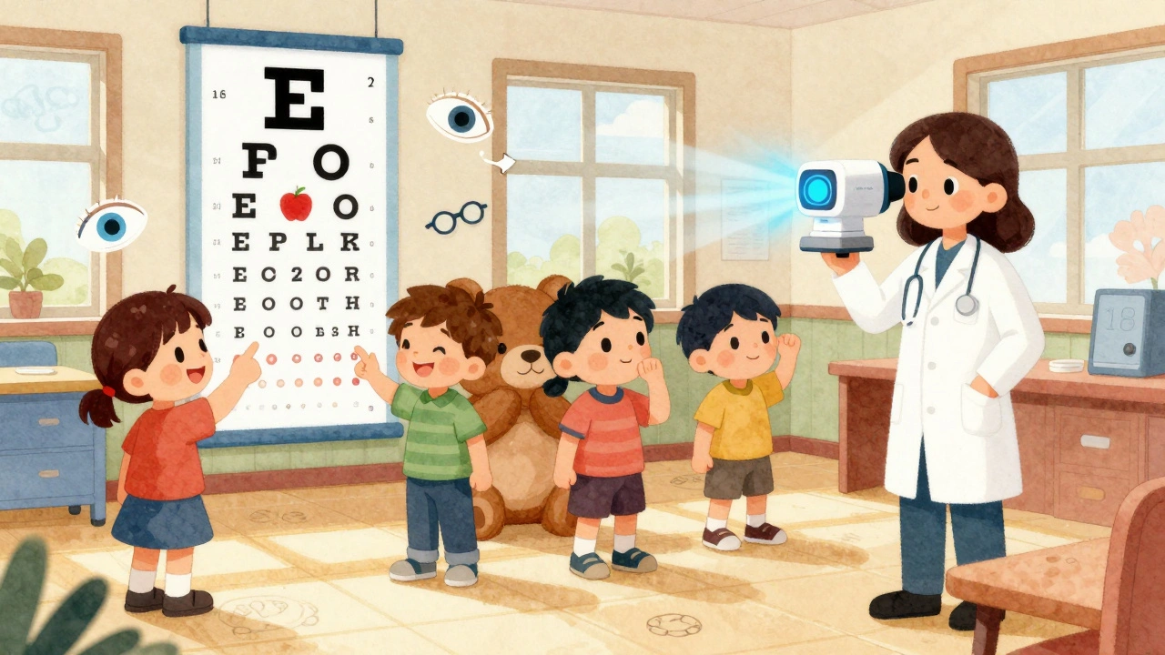 Kinder in einem Kindergarten zeigen Symbole auf einer Sehtafel, während eine Krankenschwester ein Gerät hält, das blau leuchtet.