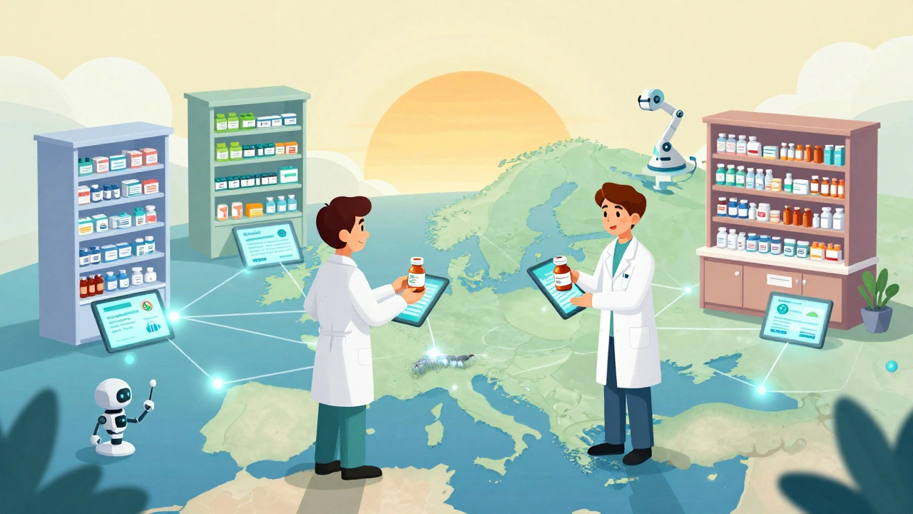 Kleine Apotheken in Europa teilen Medikamente über ein digitales Netzwerk, ein Roboter hilft beim Nachfüllen unter einem Sonnenaufgang.