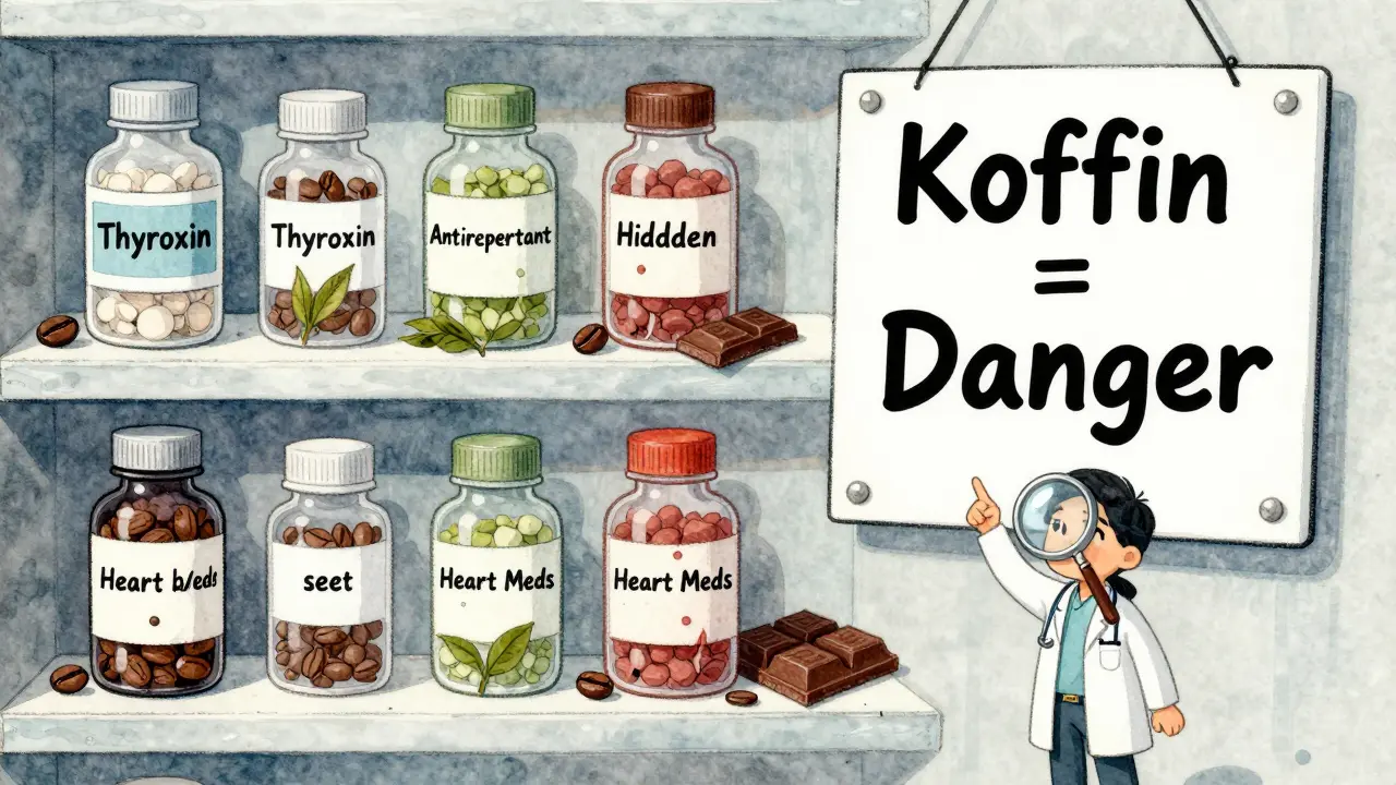 Medikamentenflaschen mit Kaffeebohnen, Tee und Schokolade als Parasiten, ein Arzt warnt vor Koffein-Wechselwirkungen.