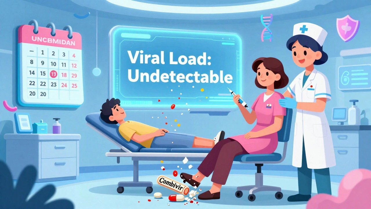 Patient erhält eine HIV-Injektion, während alte Pillen verfallen, mit einem Bild von unentdeckter Viruslast im Hintergrund.