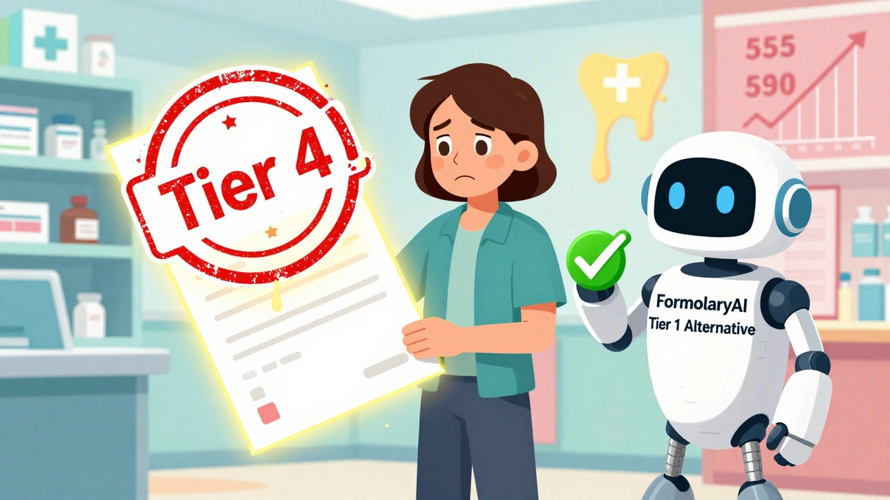 Patient in der Apotheke mit teurem Medikament, das abgelehnt wird, während eine KI einen günstigeren Ersatz anbietet.