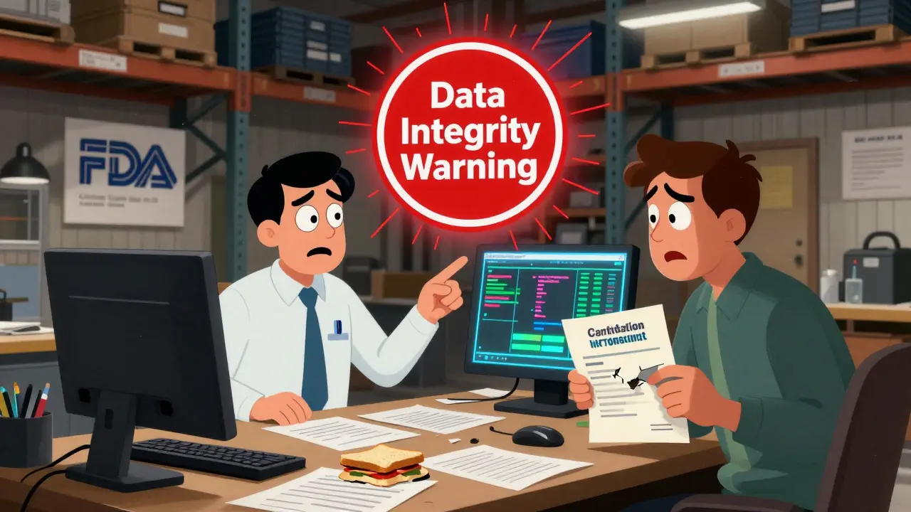 Unordentlicher Schreibtisch mit fehlenden Unterlagen und warnendem Daten-Icon.