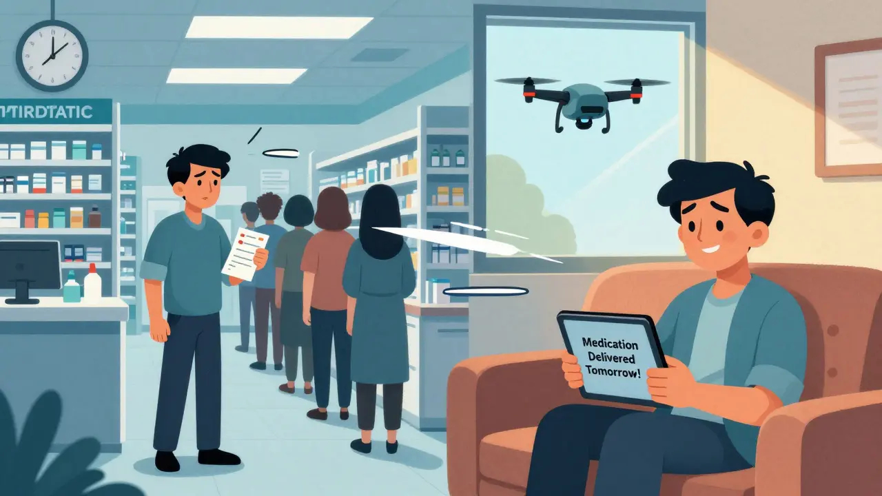 Vergleich: Frustrierende Wartezeit in der Apotheke vs. bequeme Lieferung zu Hause.