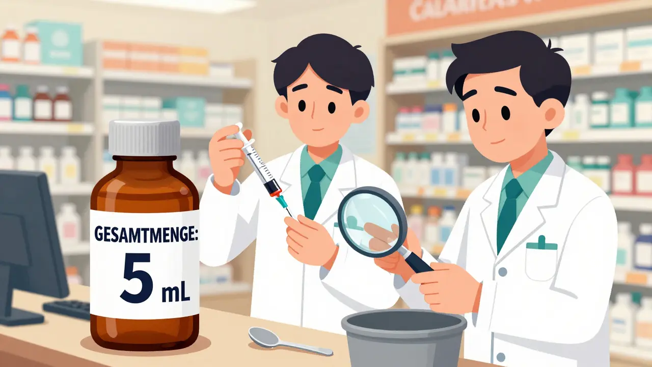 Zwei Apotheker messen Flüssigmedikament mit einer Spritze, ein Löffel liegt im Müll.